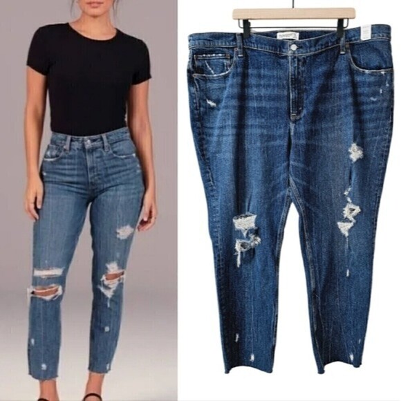 New! Abercrombie and Fitch High Rise Mom Jean Tapered Distressed Jeans Tall Long - Picture 1 of 12